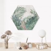 Hexagon Wandbild Dschungel-Blätter Grün Aquarell - Bloomery Decor - Alu-Dibond 