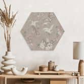 Hexagon Wandbild Kraniche im Kirschblüten-Rausch Beige - Bloomery Decor -  Alu-Dibond 