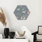 Hexagon Wandbild Kraniche im Kirschblüten-Rausch Blau - Bloomery Decor - Alu-Dibond 