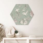 Hexagon Wandbild Kraniche im Kirschblüten-Rausch Grün - Bloomery Decor - Alu-Dibond 