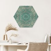 Hexagon Wandbild Mandala Boho Gold-grün - Bloomery Decor - Alu-Dibond 