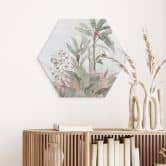 Hexagon Wandbild Tropische Idylle mit Kolibri Blau - Bloomery Decor - Alu-Dibond 