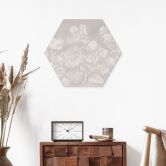 Hexagon Wandbild Wildblumen in Kreide-Optik Beige - Bloomery Decor - Alu-Dibond 