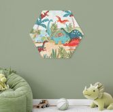 Hexagon Wandbild Farbenfrohe Dinosaurier im Urzeitwald - Bonne Müller - Alu-Dibond 