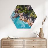 Hexagon Wandbild Tropische Felsenküste der Seychellen - Colombo - Alu-Dibond 