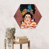 Hexagon Wandbild Frau mit Blumenkrone und Katzen - Hülya - Alu-Dibond 