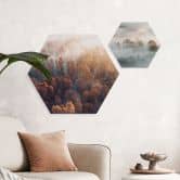 Hexagon Wandbild Herbstwald im Nebel - Ioricon - Alu-Dibond 
