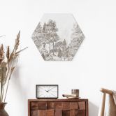 Hexagon Wandbild Wald mit Waldlandschaft in Beige - Ms Tiff - Alu-Dibond 