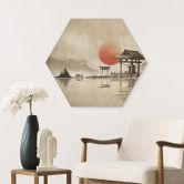 Hexagon Wandbild Japanischer Tempel im Sonnenaufgang - Roze - Alu-Dibond 