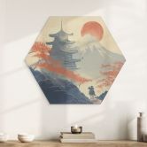 Hexagon Wandbild Sonnenaufgang über der Pagode - Roze - Alu-Dibond 