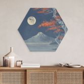 Hexagon Wandbild Vollmond über dem Gipfel des Fuji-san - Roze - Alu-Dibond 