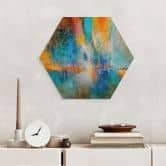 Hexagon Wandbild Urbanes Licht in Blau und Orange - Schmucker - Alu-Dibond 