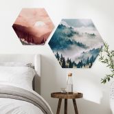 Hexagon Wandbild Geheimnisvoller Nebel im Wald - SpaceFrog Designs - Alu-Dibond 