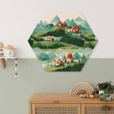 Hexagon Wandbild Treechild - Kleines Dorf inmitten grüner Hügel - Alu-Dibond 
