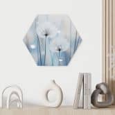 Hexagon Wandbild Tauperlen auf Pusteblumen - Treechild - Alu-Dibond 
