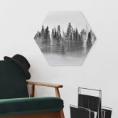 Hexagon Wandbild Nebelwald in Schwarz-Weiß - Alu-Dibond - Xu 