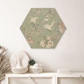 Tableau sur bois hexagonal grues dans l'ivresse des fleurs de cerisier Vert - Bloomery Decor 