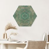Hexagon Holzbild Mandala Boho Gold-grün - Bloomery Decor 
