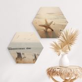 Hexagon Holzbild Funkelnder Seestern am einsamen Strand 