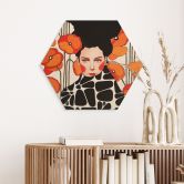 Hexagon Holzbild Frau mit Retro-Mohnblumen - Hülya 