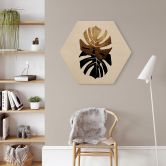 Hexagon - Holz Kubistika - Schwarz-goldene Monstera Blätter 