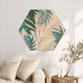 Hexagon Holzbild Exotische Palmenblätter in Gold-grün - Manovski 