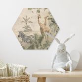 Hexagon-Holzbild Dschungeltiere auf großer Safari - Ms Tiff 