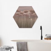 Hexagon Holzbild Lotusblumen mit Schwan im Wasser in Altrosa - Ms Tiff 