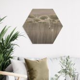 Hexagon Holzbild Lotusblumen mit Schwan im Wasser in Grau - Ms Tiff 