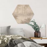 Hexagon Holzbild Wald am See im Nebel in Beige - Ms Tiff 