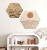 Hexagon Holzbild Sonnenaufgang über der abstrakten Wüste - Playell 