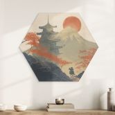 Hexagon Holzbild Sonnenaufgang über der Pagode - Roze 