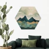 Hexagon Holzbild Sonnige Landschaft in Blau und Gold - SpaceFrog Designs 