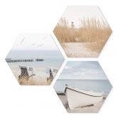 Hexagon Wandbild Ostseeküste mit Strandkörben, Ruderboot und Leuchtturm Set (3-teilig) - Alu-Dibond 