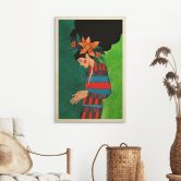 Holzbild Frau im Streifenkleid mit orangen Blüten - Hülya 