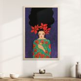 Holzbild Frau mit roter Blütenkrone und Vogel - Hülya 