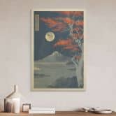 Houten Wanddecoratie volle maan boven de top van Fuji-san - Roze 
