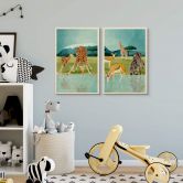 Holzbild Goed Blauw - Tiere am Wasserloch - Giraffen 