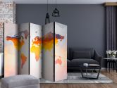 Paravent, Raumteiler freistehend, Trennwand - Weltkarte - rostbedeckte Kontinente , 5-teilig - 225x172 cm 