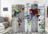 Paravent, Raumteiler freistehend, Trennwand - Weltkarte - Graffiti-Welt, 5-teilig - 225x172 cm 