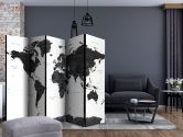 Paravent, Raumteiler freistehend, Trennwand - Schwarz-weiße Weltkarte , 5-teilig - 225x172 cm 