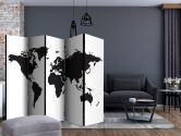 Paravent, Raumteiler freistehend, Trennwand - Weltkarte - schwarz-weiße Welt , 5-teilig - 225x172 cm 