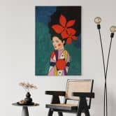 Leinwandbild Frau mit roten Blüten und Musterkleid - Hülya 