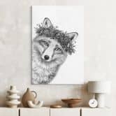 Leinwandbild Schwarz-weißer Fuchs mit Blumenkranz - Korenkova 