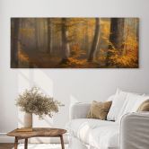Leinwandbild Goldene Blätter im nebligen Wald - Maier - Panorama 