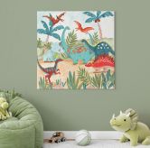 Leinwandbild Farbenfrohe Dinosaurier im Urzeitwald | Kinderzimmer Deko - Bonne Müller - Quadratisch 