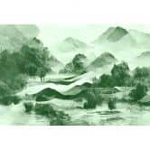 Fototapete Grüntöne Aquarell Berglandschaft Tapete - Vliestapete Natur 
