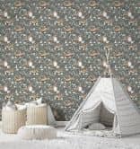 Kindertapete, Vliestapete mit Illustration Kids Walls grün, grau 