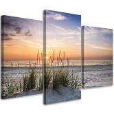 Leinwandbild 3-teilig, Strand Meer Gras Sonnenuntergang 