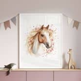 Poster Cheval Boho avec fleurs délicates | Motif cheval romantique pour chambre d'enfant 